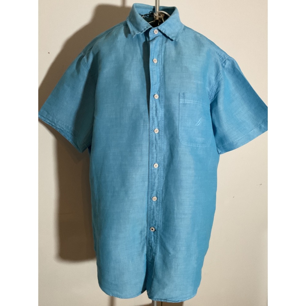 Nautica Mens Medium Turquoise Blue Ramie Cotton Short Sleeve Button Down Shirt